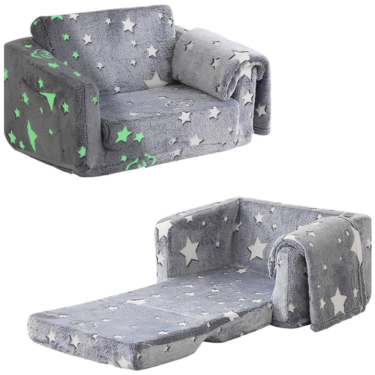 Cartoon Foldable Kids Sofa & Sleeper Bed - Glow-in-the-Dark Stars - Soft Single Foam Chair