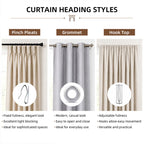 Curtain heading styles guide showing pinch pleats, grommet and hook top