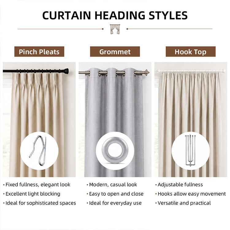 Curtain heading styles guide showing pinch pleats, grommet and hook top