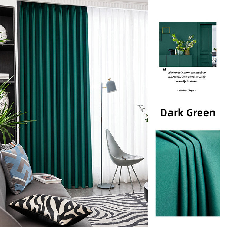 Dark green blackout curtains in a modern living room