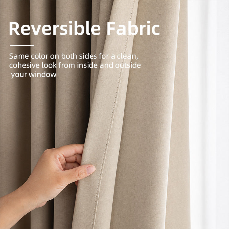 Reversible fabric feature of the cotton linen curtains with a hand-held fold