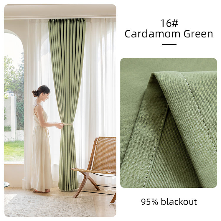 Cardamom green thick blackout cotton linen curtains with a rope tie-back
