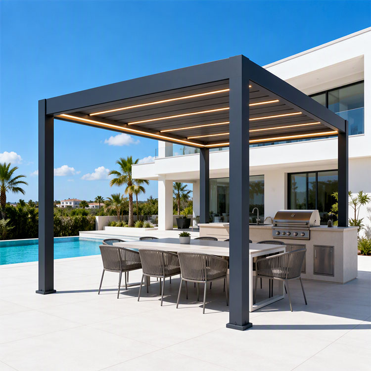 Dark gray aluminum louvered pergola with LED lights over a poolside dining area