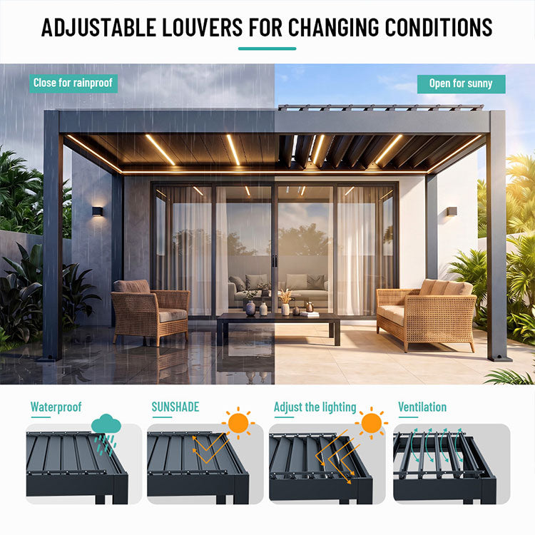Pergola louvers open for sun and airflow, closed for rain