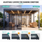 Pergola louvers open for sun and airflow, closed for rain