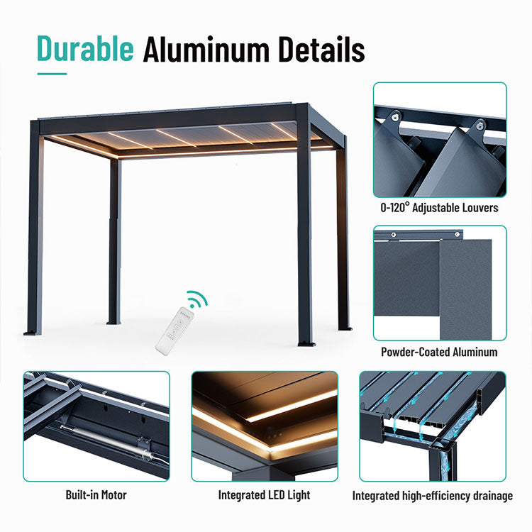 Motorized pergola details: adjustable louvers, powder-coated aluminum, motor, LED lights and drainage