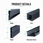 Pergola profile dimensions: 220mm louver blades, 150x150mm posts, beams and gutter