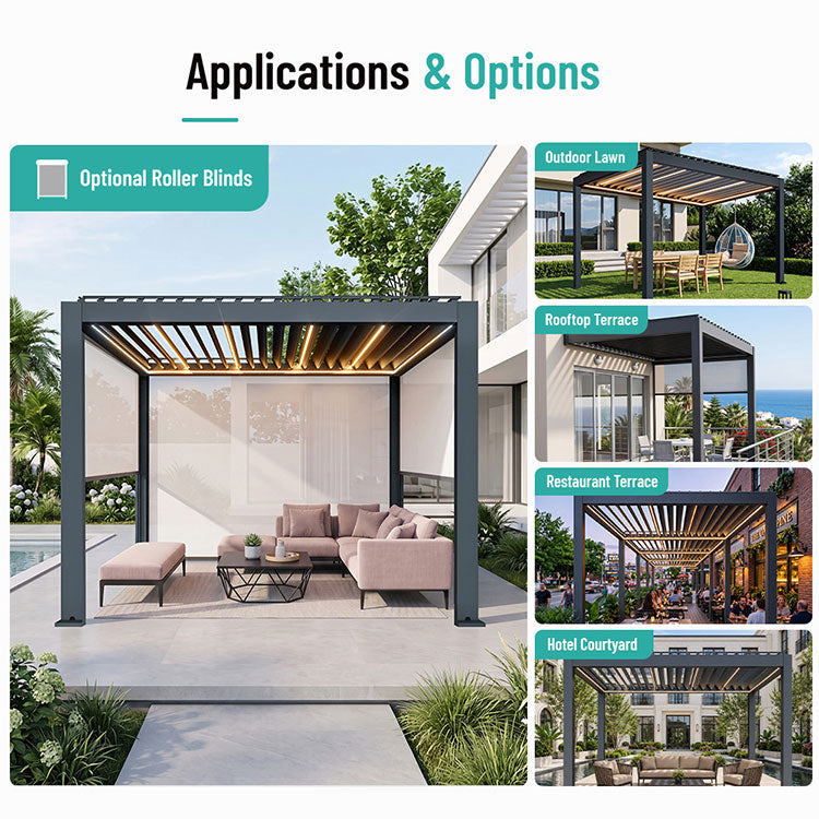 Pergola applications: backyard lawn, rooftop terrace, restaurant and hotel courtyard