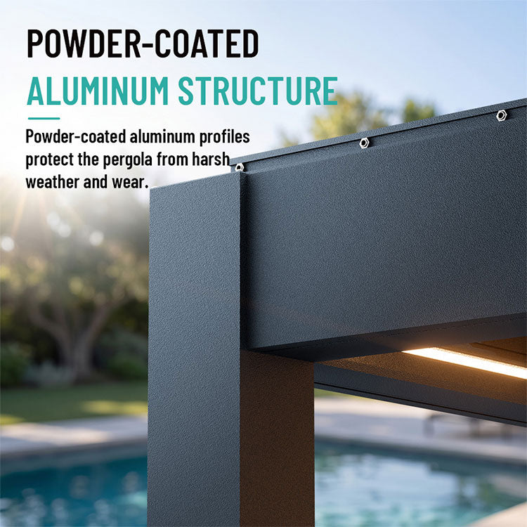 Powder-coated aluminum pergola frame resistant to rust and UV