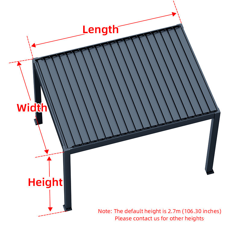 Pergola size guide showing width, length and default 2.7m height