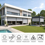 Windproof outdoor blinds on a modern home and pergola, feature icons: sunshade, windproof, rainproof, mosquito proof, fall proof