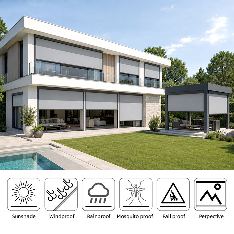 Windproof outdoor blinds on a modern home and pergola, feature icons: sunshade, windproof, rainproof, mosquito proof, fall proof