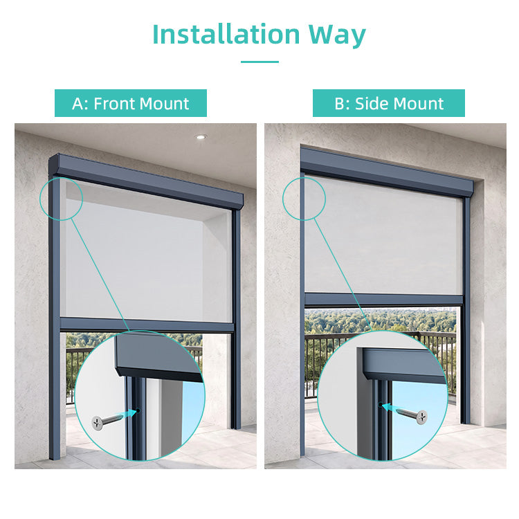 Outdoor blind mounting options: front mount and side mount installation diagrams