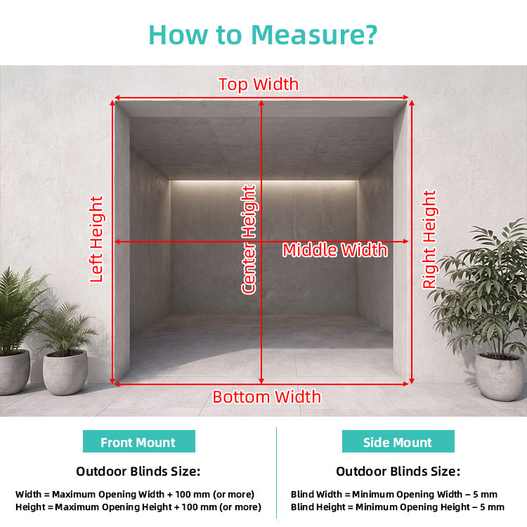 How to measure for made-to-measure outdoor blinds: three-point width and height guide for front and side mount