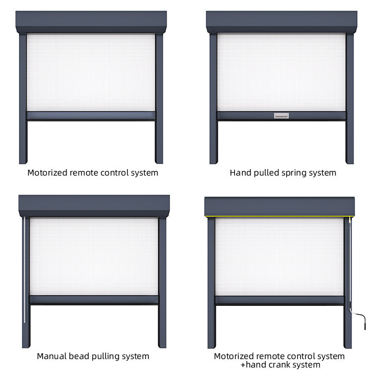 Outdoor blind control options: motorized remote, hand-pulled spring, manual bead chain, motorized with hand crank