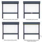Outdoor blind control options: motorized remote, hand-pulled spring, manual bead chain, motorized with hand crank