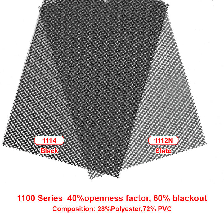 1100 series outdoor blind fabric: 40% openness, 60% blackout, 28% polyester 72% PVC, Black and Slate