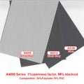 A4000 series outdoor blind fabric: 1% openness, 99% blackout, 30% polyester 70% PVC, colors White Pearl, Black Grey, Slate