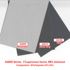 A4000 series outdoor blind fabric: 1% openness, 99% blackout, 30% polyester 70% PVC, colors White Pearl, Black Grey, Slate