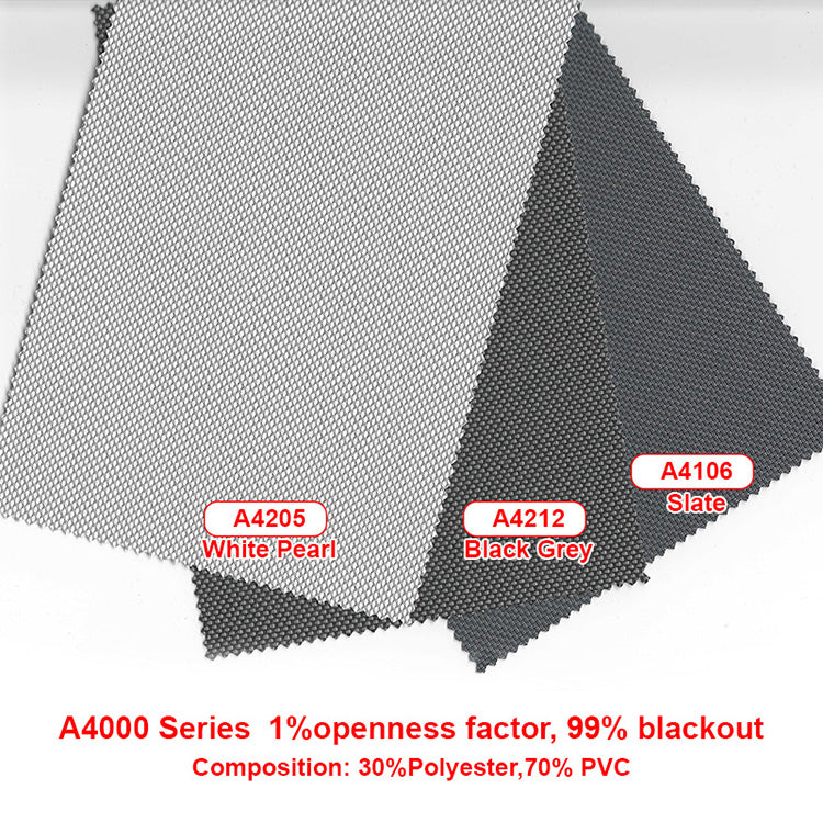 A4000 series outdoor blind fabric: 1% openness, 99% blackout, 30% polyester 70% PVC, colors White Pearl, Black Grey, Slate