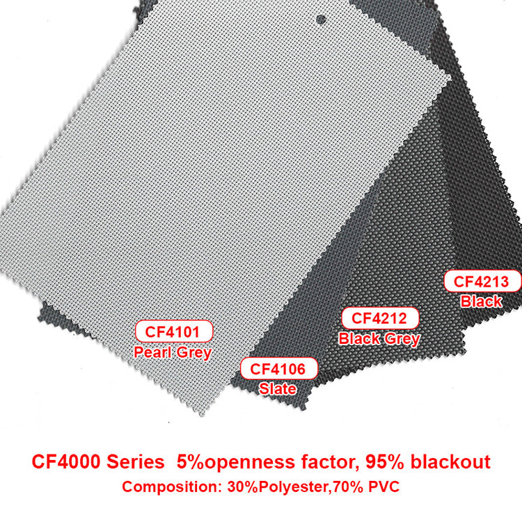 CF4000 series outdoor blind fabric: 5% openness, 95% blackout, 30% polyester 70% PVC, Pearl Grey, Slate, Black Grey, Black