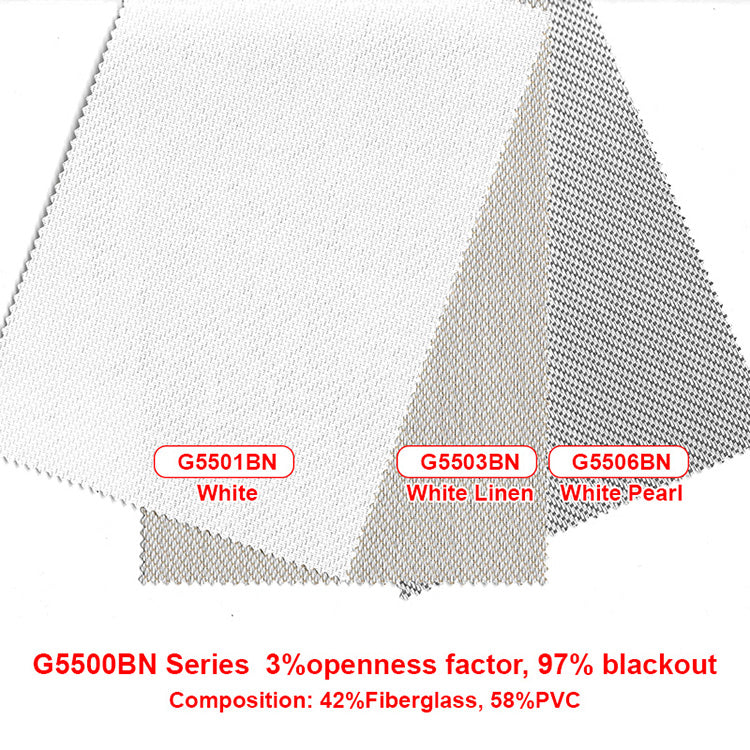 G5500BN series outdoor blind fabric: 3% openness, 97% blackout, 42% fiberglass 58% PVC, White, White Linen, White Pearl