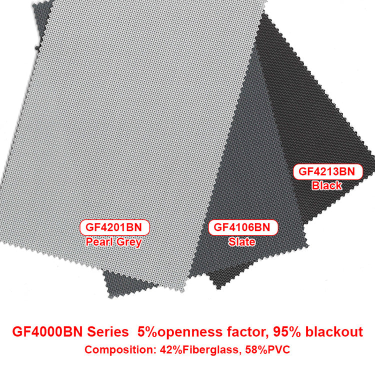 GF4000BN series outdoor blind fabric: 5% openness, 95% blackout, 42% fiberglass 58% PVC, Pearl Grey, Slate, Black