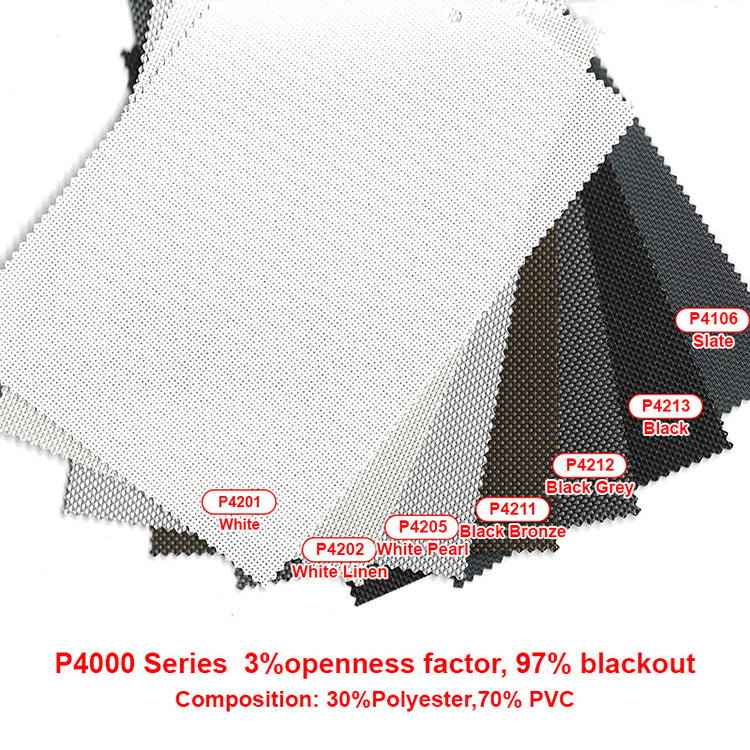 P4000 series outdoor blind fabric: 3% openness, 97% blackout, 30% polyester 70% PVC, 7 color options