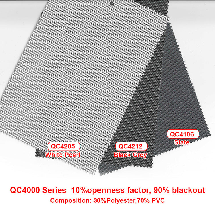 QC4000 series outdoor blind fabric: 10% openness, 90% blackout, 30% polyester 70% PVC, White Pearl, Black Grey, Slate