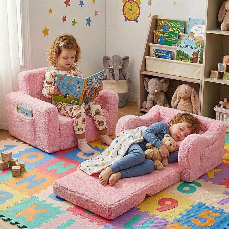 2-in-1 Flip-Out Foam Couch with Soft Sherpa Cover, Cozy Play Lounge Chair, Pink