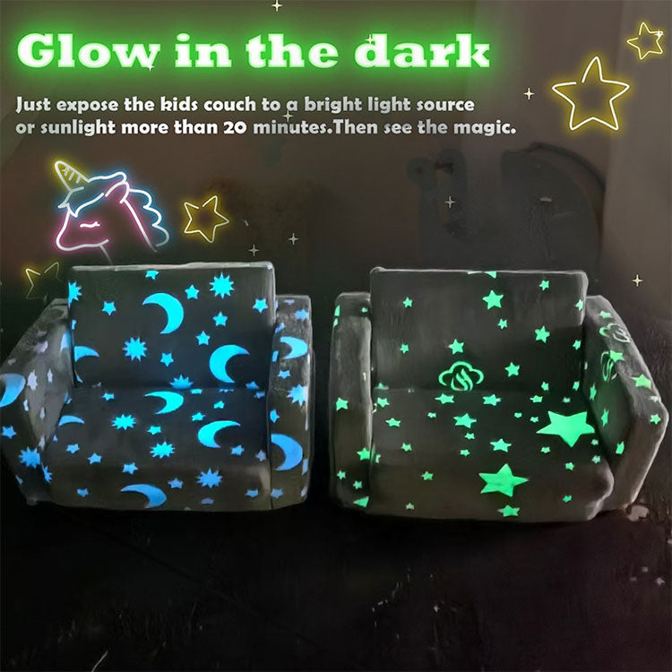 Cartoon Foldable Kids Sofa & Sleeper Bed - Glow-in-the-Dark Stars - Soft Single Foam Chair