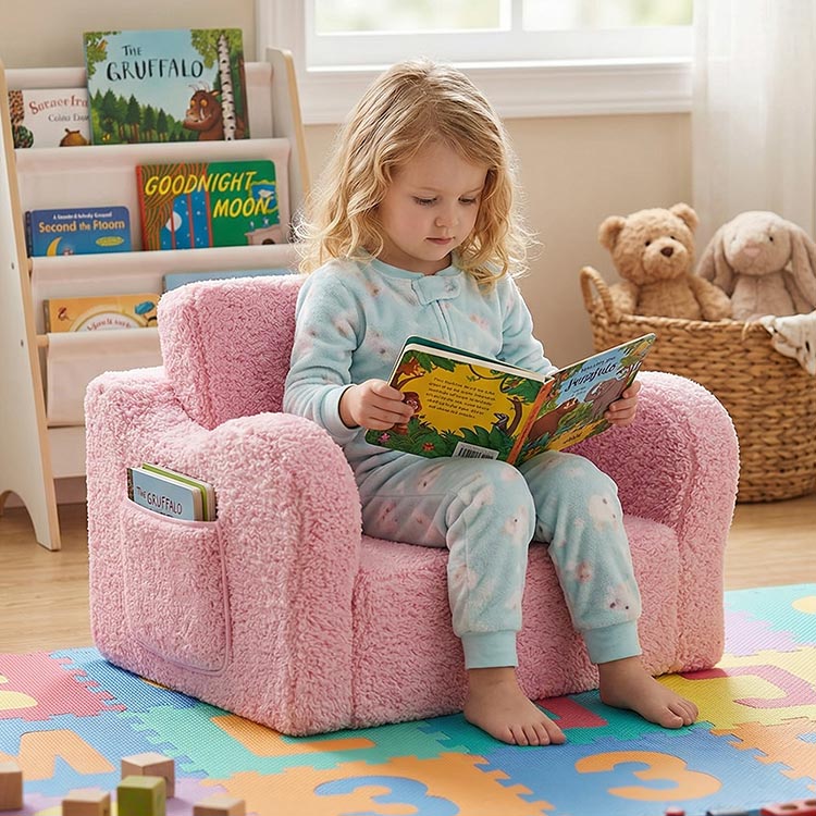 2-in-1 Flip-Out Foam Couch with Soft Sherpa Cover, Cozy Play Lounge Chair, Pink