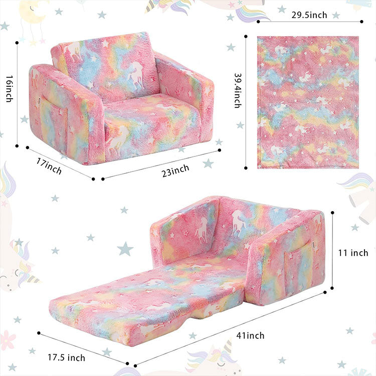 Cartoon Foldable Kids Sofa & Sleeper Bed - Glow-in-the-Dark Stars - Soft Single Foam Chair