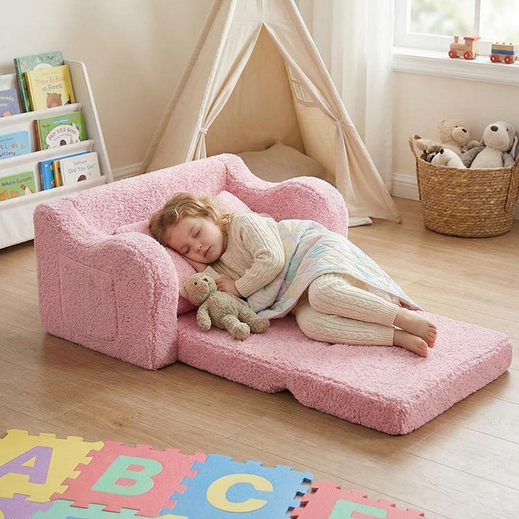 2-in-1 Flip-Out Foam Couch with Soft Sherpa Cover, Cozy Play Lounge Chair, Pink