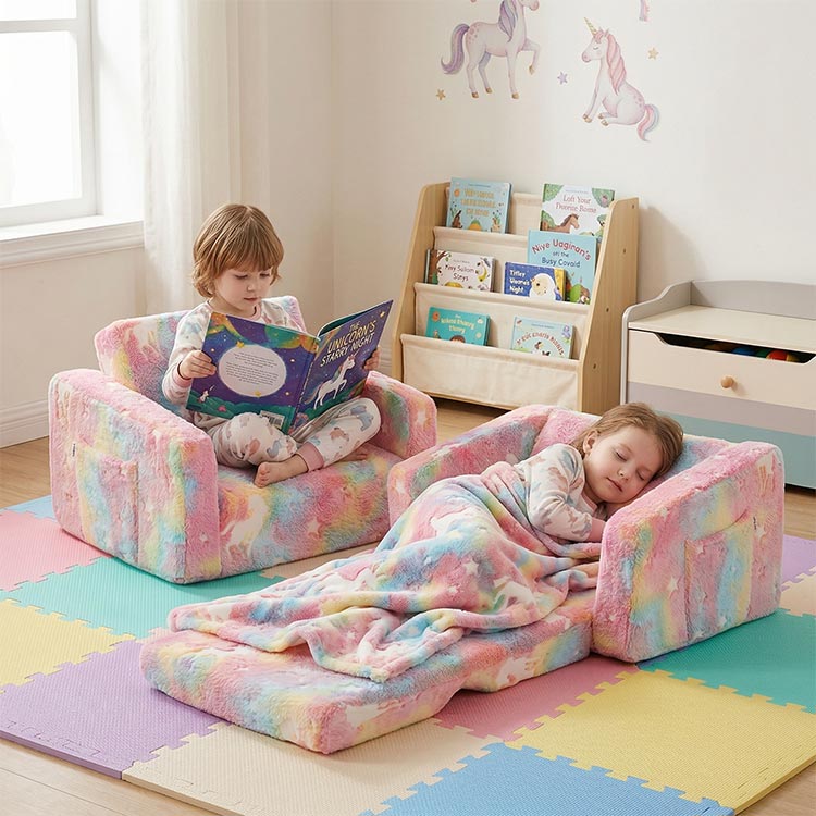 Cartoon Foldable Kids Sofa & Sleeper Bed - Glow-in-the-Dark Stars - Soft Single Foam Chair
