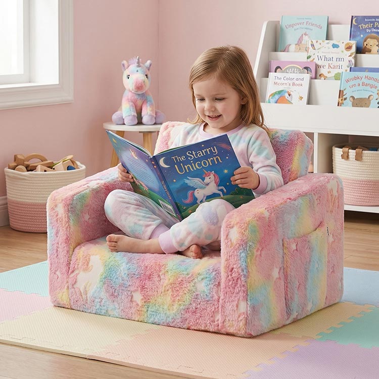 Cartoon Foldable Kids Sofa & Sleeper Bed - Glow-in-the-Dark Stars - Soft Single Foam Chair