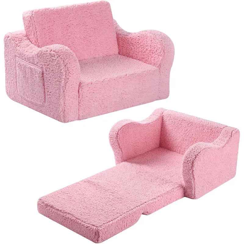 2 - in - 1 Flip - Out Foam Couch with Soft Sherpa Cover, Cozy Play Lounge Chair, Pink - 