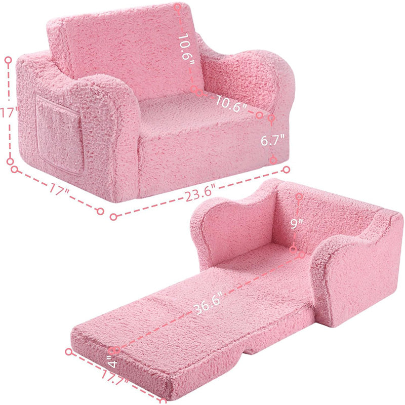 2-in-1 Flip-Out Foam Couch with Soft Sherpa Cover, Cozy Play Lounge Chair, Pink