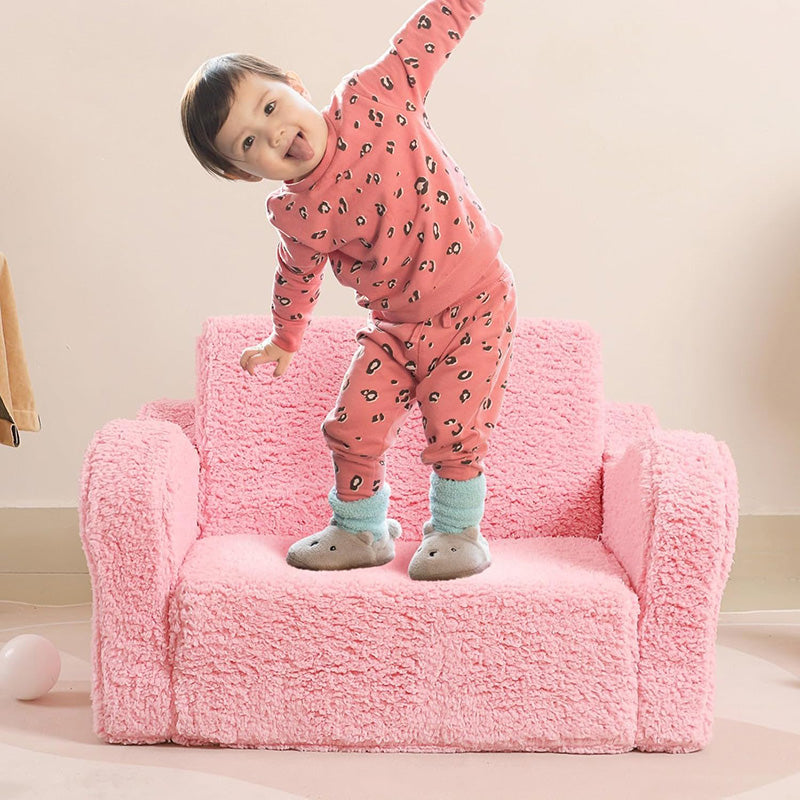 2-in-1 Flip-Out Foam Couch with Soft Sherpa Cover, Cozy Play Lounge Chair, Pink