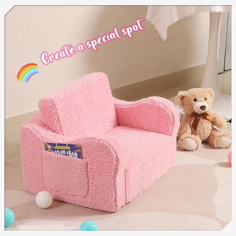 2-in-1 Flip-Out Foam Couch with Soft Sherpa Cover, Cozy Play Lounge Chair, Pink